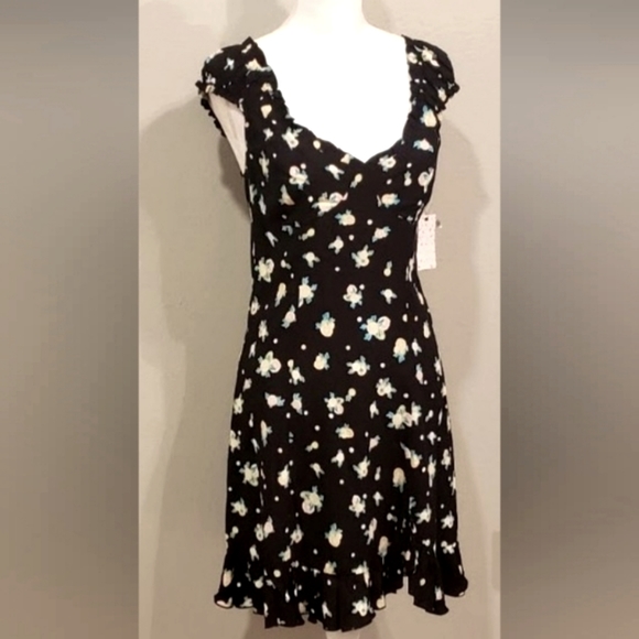 New! Free People Fruit Print Black Mini Dress Tie Open Back - Picture 1 of 2